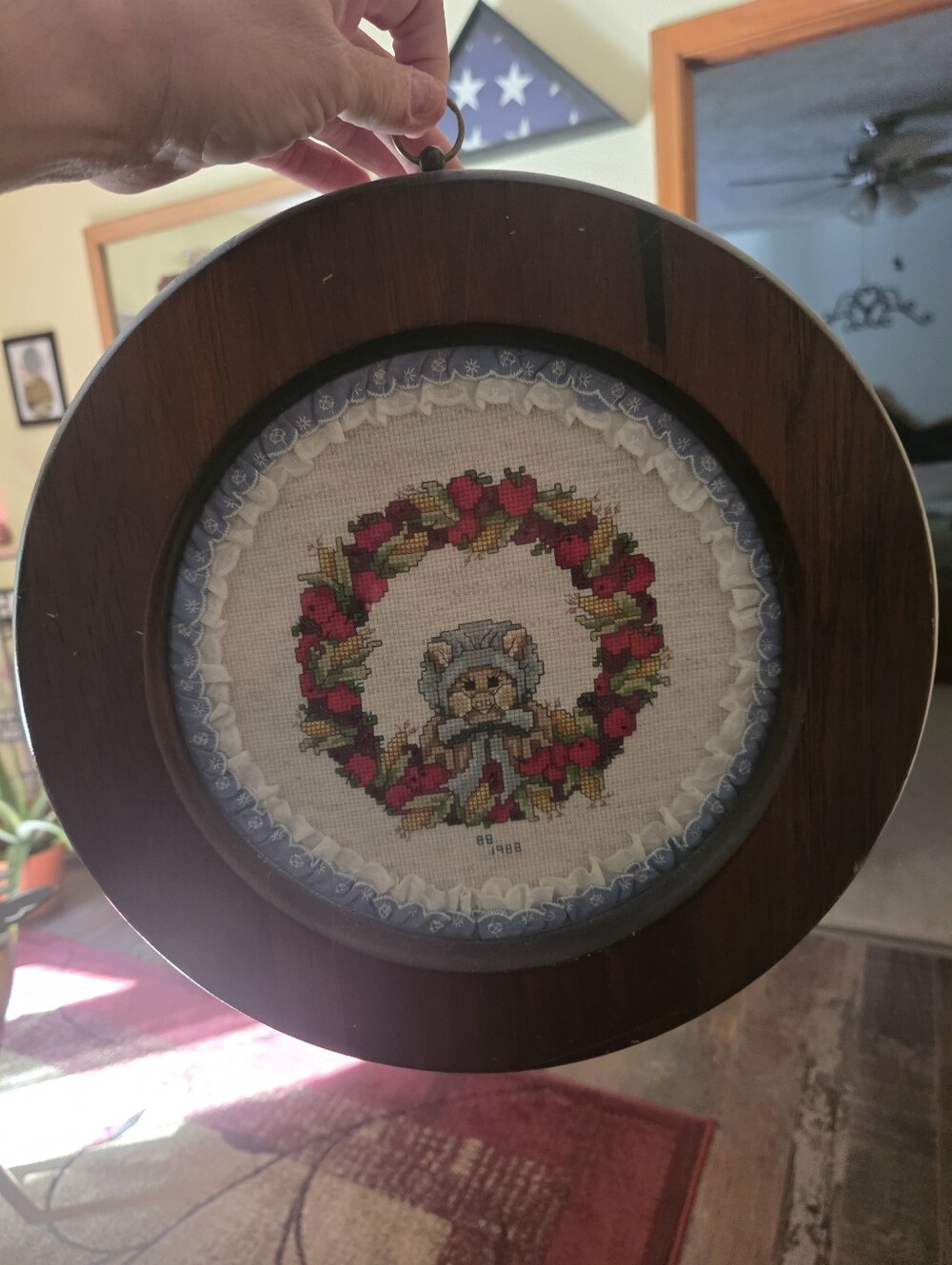 Handcrafted Wreath Bear Cross-Stitch Framed Home Art – Blue and Red